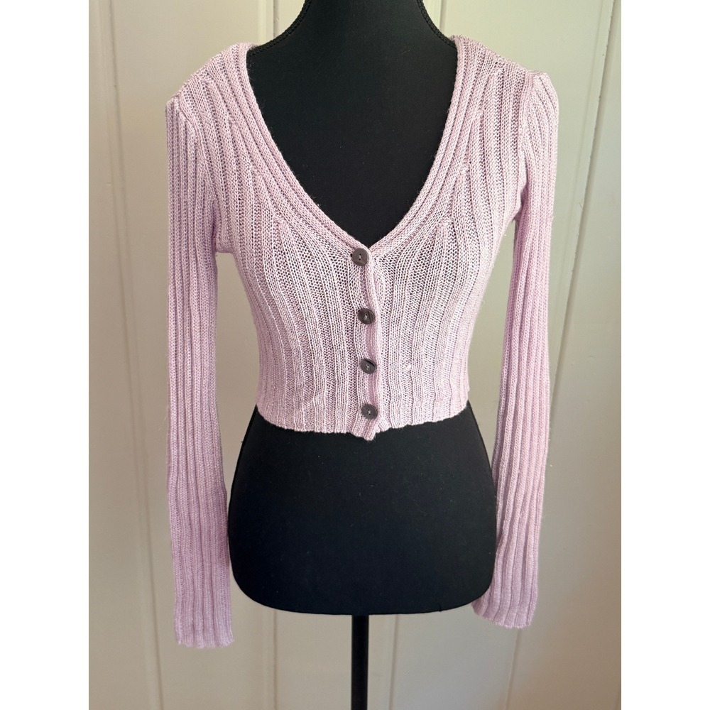 Aeropostale Womens XS Lavender Purple Ribbed Knit Cropped Cardigan Sweater VNeck